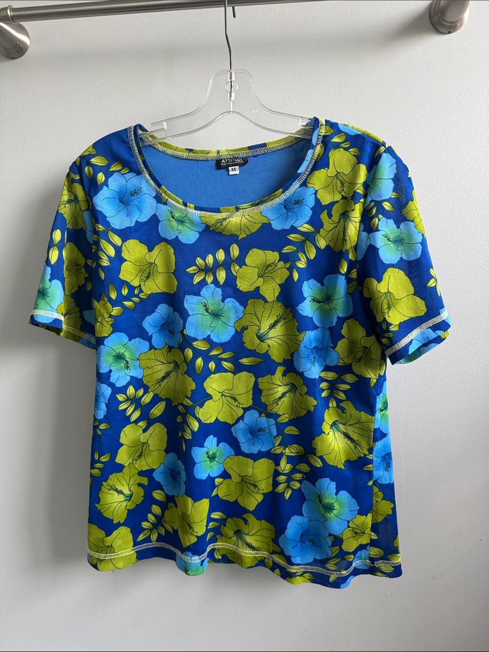 Attitude Blue Floral Scoop Neck Short-Sleeve Tee